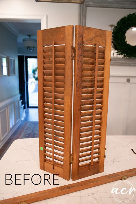 Old Door Hanging On Wall, Using Shutters As Wall Decor, Mini Shutter Decor Ideas, Small Shutters Repurposed, Small Shutter Ideas, Decorative Shutters Wall Decor, Old Shutter Ideas, Old Shutters Repurposed, Shutter Display