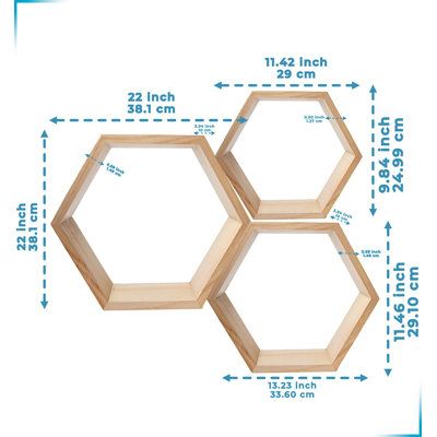 Floating geometric shelves: Display charming showpieces, decorative items, and other prized possessions while offering functional storage with wooden display shelves. Reduce clutter and highlight your rustic décor while keeping everything organized. | Gracie Oaks Tanley 3 Piece Hexagon Solid Wood Floating Shelf Brown 22.0 x 22.0 x 1.5 in | Home Decor | C011085906_417738724 | Wayfair Canada Honeycomb Shelves Decor, Hexagon Shelf Decor, Wooden Display Shelves, Hexagon Decor, Shelves Display, Wood Floating Shelf, Geometric Shelves, Hexagon Shelves, Farmhouse Shelves