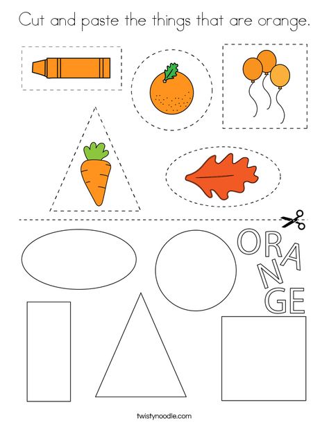 Cut and paste the things that are orange Coloring Page - Twisty Noodle Orange Coloring Page, Color Worksheets For Preschool, Orange Craft, Twisty Noodle, Fall Preschool Activities, Preschool Colors, Shapes Preschool, Worksheets Preschool, Teaching Colors