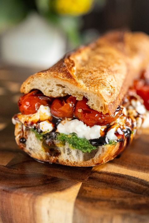 Burrata Caprese Sandwich with Cherry Tomato Confit — Bread Bake Beyond Buratta Recipe Dinners, Deconstructed Sandwich, Cherry Tomato Confit, Burrata Caprese, Tomato Confit, Cherry Tomato Recipes, Caprese Sandwich, Fresh Tomato Recipes, Homemade Pesto