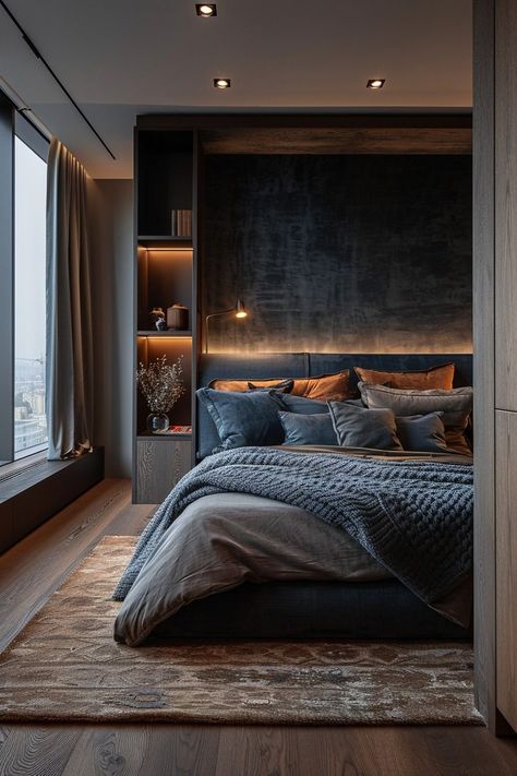 Dark Floor Interior Bedroom, Master Bedrooms Brown, Dark Walls Light Furniture, 30s House, Bedroom Schemes, Bronze Bedroom, Dark Bedroom Aesthetic, Dark Brown Bedrooms, Earth Tone Bedroom