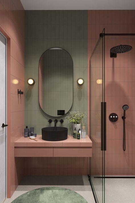 Bathroom in minimal style, application of green and pink tiles in combination with black graphic accent details. Oval mirror, nordic decoration. Bathroom With Oval Mirror, Green And Pink Bathroom, Minimal Bathroom Design, Small Bathroom Plans, Toilet Design Modern, Oval Mirror Bathroom, Green Tile Bathroom, Bathroom Plans, Nordic Decor