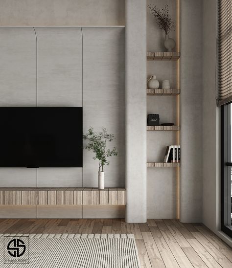 wabi sabi bedroom design on Behance Wabi Sabi Tv Console, Tv Wall Design Modern Master Bedrooms, Wabi Sabi Tv Unit, Wabi Sabi Tv Wall, Folk Bedroom, Wabi Sabi Interior Living Rooms, Wabi Sabi Interior Bedrooms, Wabi Sabi Bedroom Design, Living Room Wabi Sabi