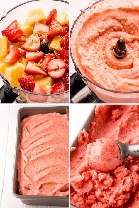 How To Use Frozen Pineapple, Strawberry And Pineapple Dessert, Strawberry Pineapple Dessert, Frozen Pineapple Recipes, Pineapple Sorbet Recipe, Tropical Fruit Recipes, Strawberry Sorbet Recipe, Leftover Strawberries, Homemade Sorbet