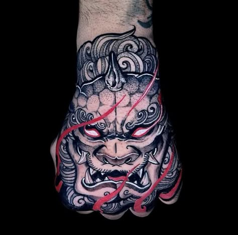 Creative Hand Tattoos For Men, Chinese Hand Tattoo, Oni Hands Tattoo, Dragon Hand Tattoo Men, Hanya Mask Hand Tattoo, Japanese Hand Tattoos For Men, Chinese Hand Tattoos, Oni Mask Hand Tattoo, Karajishi Tattoo