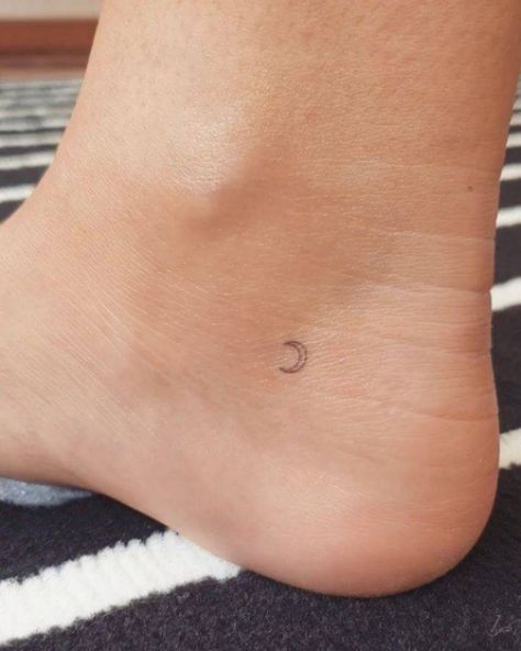 Dainty Small Tattoos Simple, Moon On Ankle Tattoo, Mini Ankle Tattoos For Women, Below Ankle Tattoo, Moon Micro Tattoo, Small Inner Ankle Tattoo, Crescent Moon Tattoo Wrist, Micro Moon Tattoo, Tiny Tattoos Ankle