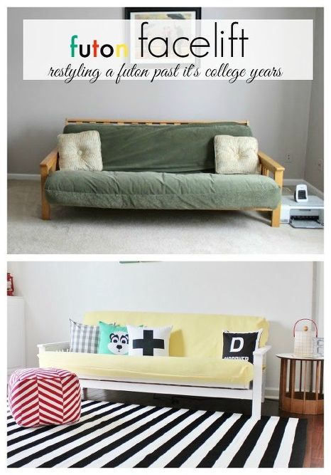 Diy Futon Mattress, Futon Ideas, Girls Hangout, Comfy Futon, Painted Upholstery, Futon Makeover, Small Futon, Ikea Futon, Metal Futon