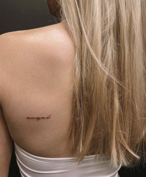 Simple Female Tattoos, Word Tattoo Ideas, Blade Tattoo, Small Shoulder Tattoos, Word Tattoo, Female Tattoos, Writing Tattoos, Petite Tattoos, Back Of Shoulder Tattoo