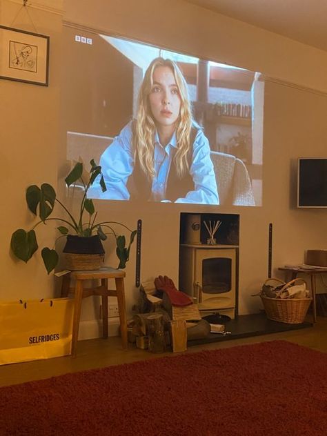 Bedroom Decor Projector, Projector Studio Apartment, Video Projector Living Room, Room With A Projector, Small Living Room Projector Ideas, Projector Screen Aesthetic, Projector In Apartment, Bedroom Movie Projector, Projector In Dorm Room