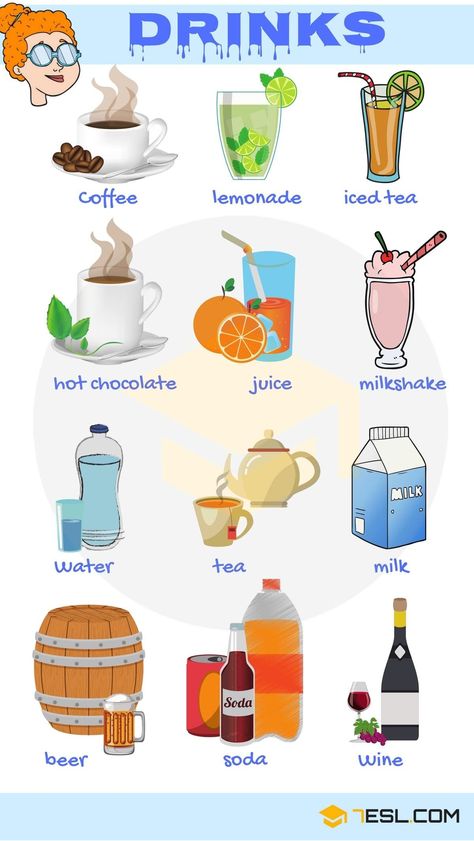 0shares Learn Food and Drinks Vocabulary through Pictures. Food is any substance consumed to provide nutritional support for an organism. It … Drinks For School, Types Of Drinks, Drinks Pictures, Drink Names, Food Vocabulary, Teaching English Grammar, Learning English For Kids, English Vocab, Kids English