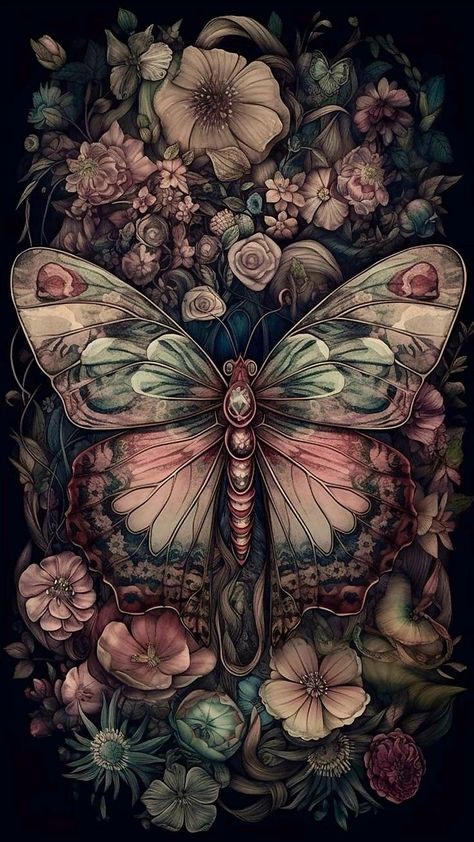 Moody Painting Ideas, Dark Whimsical Aesthetic, Black Butterfly Art, Whimsical Journal, Witchy Artwork, Beautiful Butterfly Images, Moody Artwork, Whimsical Gothic, Whimsical Wallpaper