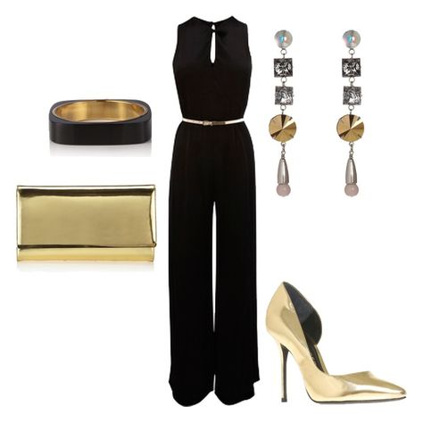 Women's outfit ideas - date night - girl's night out - club outfit - black and gold - women's jumpsuit - gold clutch - gold stilettos - metallic gold Black And Gold Outfit, Women's Jumpsuit, Gold Stilettos, Party Outfits Night, Club Outfits For Women, Gold Outfit, Club Outfit, Gold Clutch, Outfit Black