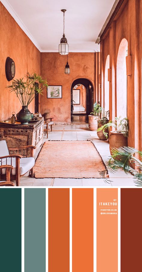 Terracota Green Color Palette, Green And Brown Colour Scheme, Dark Teal And Terracotta Bedroom, House Colour Themes, Color Combos For Living Room, Color Combinations Bathroom, Terracotta Colour Combinations, Green And Terracotta Color Scheme Living Room, Terracota Color Combination