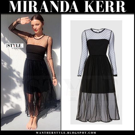 Miranda Kerr in sheer black tulle polka dot dress Sheer Outfit Ideas, Black Dress Sheer Sleeves, Sheer Dress Outfit, Tulle Dress Casual, Sheer Dresses Outfit, Black Transparent Dress, Tulle Outfit, Sheer Black Dress, Sheer Outfit