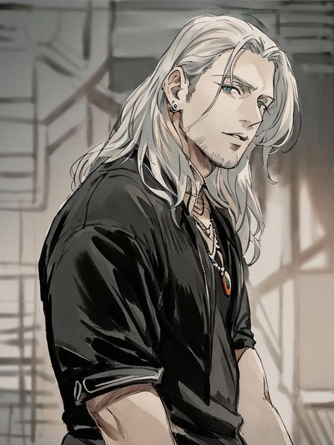 Geralt anime Version Grey Hair Male Character Art, Older Man Art Character Design, Older Oc Male, Anime Old Man Art, Man With White Hair Art, Male Character White Hair, Anime Men With Beard, Male Character Design White Hair, Anime Man Beard