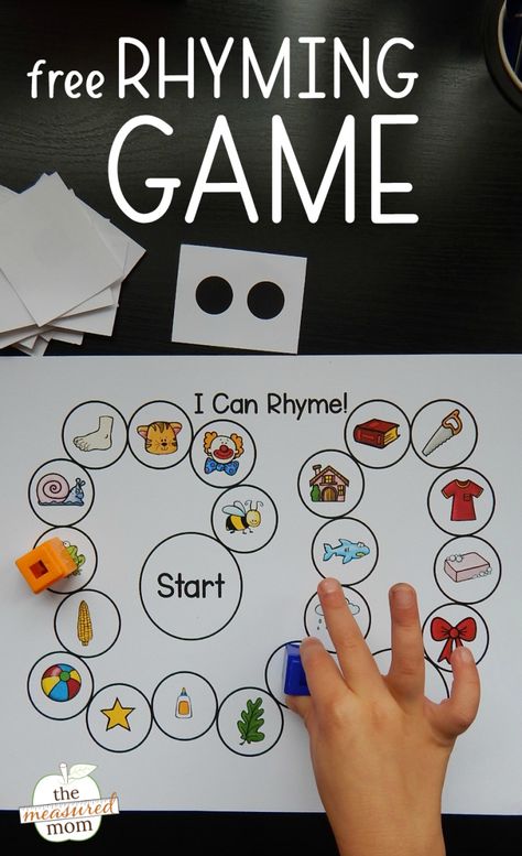 This free printable game is a great rhyming activity for kids in preschool and kindergarten. Just move around the board, say the picture, and name a rhyming word. It's a fun way to build phonological awareness! #phonologicalawareness #rhyming #preschool Rhyming Activities Preschool, Rhyming Words Activities, Rhyming Games, Measured Mom, Megan Elizabeth, Phonological Awareness Activities, Phonemic Awareness Activities, Free Printable Games, Rhyming Activities