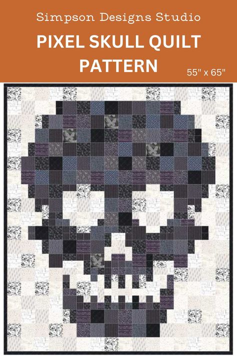 "Pixel Skull Quilt Pattern PDF by Simpson Designs Studio, Digital Pattern This is a PDF pattern and will be available in your Etsy account after purchase. You will not be able to download from the Etsy App. If you check out as a guest, you will receive an email with a link to download the pattern. Finished size - 66\" x 78\"  Skill level - beginner Fabric requirements: Assorted Black - 2 1/2 yards Assorted White - 2 1/2 yards Border - 1/3 yard Binding - 3/4 yard Backing - 5 yards Batting - 74\" Goth Quilt Ideas, Beginner Quilting Patterns, Pixel Art Quilt, Skull Quilt Pattern, Pixel Quilt Pattern, Pixel Skull, Skull Quilt, Pixel Quilting, Halloween Quilt Patterns