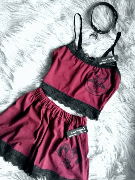 Goth Pajamas, Goth Lingerie, Pajamas Aesthetic, Lingerie Outfit Night, Goat Skull, Bridal Pajamas, Shorts With Lace, Black Pajamas, Cute Sleepwear