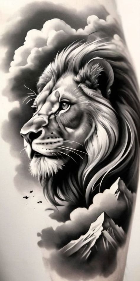 Lion Chest Tattoo Design, Tattoo Ideas For Men Lion, Lion Design Tattoo, Lion Tattoo Design Stencil, Realistic Lion Tattoo Design, Realistic Tattoo Design Ideas, Lion Tattoo Drawing, Lion Tattoo Sketch, Leones Tattoo