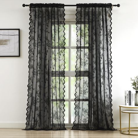 PRICES MAY VARY. Ready Made:Package includes 2 panels of black lace sheer curtains,measuring 54Wx95L inch each panel. Elegant Scalloped Edges: Adorned with delicate floral and butterfly jaquard patterns, these lace curtains exude timeless elegance. The delicate scalloped edges further enhance their beauty, creating a captivating focal point for any window and infusing home with romance and charm,suitable for both vintage and modern home style like living room, bedroom,dining room,office,etc. Lig Black Flower Curtains, Black Lace Curtains Bedroom, Goth Curtains, Black Lace Curtains, Black Sheer Curtains, Curtains Vintage, Lace Curtain Panels, Drapes For Living Room, Flower Curtain