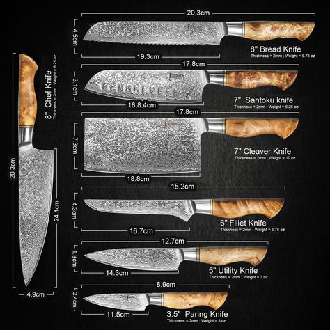 Save $450 When You Purchase the Entire 7-Piece Dynasty Damascus Collection! Ships Next-Day from the USA with Tracked Shipping The Dynasty Collection features seven individually forged Damascus kitchen knives made of 67-layer Japanese Damascus Steel with a HRC Rating of 62 for unparalleled hardiness and performance.33-layers of Damascus on each side surround the Japanese VG10 Steel Core. Built to last and retain sharpness so that you never need another set of knives again. Each blade undergoes an Knife Set Kitchen Counter, Kitchen Knife Design, Professional Chef Knife Set, Damascus Knives, Damascus Kitchen Knives, Sycamore Wood, Cleaver Knife, Boning Knife, Damascus Steel Knife