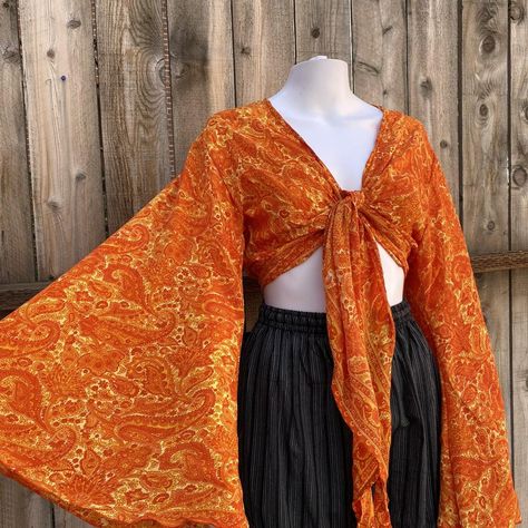 70s Crop Top Outfit, 70s Wrap Top, 70s Crop Top, Wide Sleeve Top, 70s Tops, Paisley Flower, Tied Shirt, Earth Wind, 70s Inspired