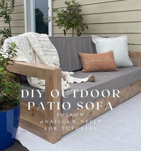 DIY Outdoor Patio Sofa - Nailgun Nelly DIY Home Patio Sofa Diy, Farmhouse Outdoor Furniture, Outdoor Couch Diy, Outdoor Sofa Diy, Outdoor Patio Sofa, Patio Couch, Outdoor Patio Set, Diy Porch, Porch Furniture