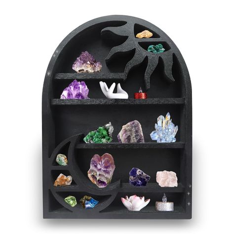 PRICES MAY VARY. SAFE AND DURABLE WOOD MATERIAL: ----This crystal display is made of high-quality wooden, which is strong and durable enough to store all your souvenirs and treasures. Its durable, easy to install, and most importantly, keeps your space tidy. UNIQUE MOON BLACK Fairy DESIGN: ----Black moon&sun design crystal wood shelf. This Sun&Moon on moon stand is the perfect way to add a touch of beauty and magic to any space, perfect for placing crystals, dice and other items. AMPLE DISPLAY S Witchy Boho Decor, Crystals Shelf, Shelf For Crystals, Aesthetic Shelf, Sun Shelf, Witchy Boho, Fairy Design, Crystal Shelves, Displaying Crystals