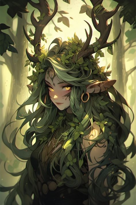 Air Genasi Female Druid, Green Dragon Human Form, Woodland Character Design, Anime Female Green Hair, Plant Creature Concept Art, Green Skin Character, Blighted Druid, Nymph Art Character Design, Female Druid Character Design