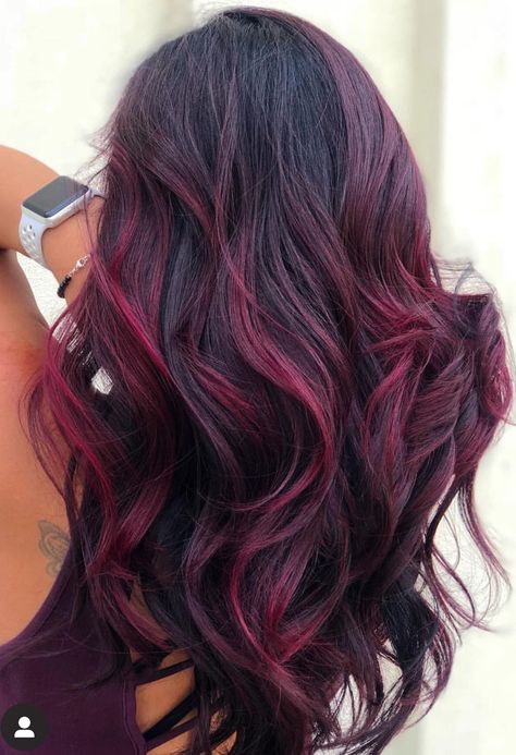 Magenta And Dark Brown Hair, Hair Color Ideas For Brown Hair Red, Red Purple Hair Color Highlights, Wine Hair Color With Highlights, Black Hair With Magenta Highlights, Cherry Red Balayage On Black Hair, Merlot Hair Color With Highlights, Red Purple Balayage, Black With Burgundy Highlights