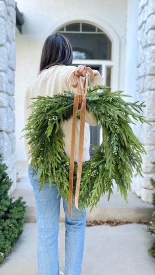 298K views · 19K reactions | Wowza that’s a big wreath!! I recently restocked this Norfolk pine cascading Christmas wreath and orders are already coming in for it! This is the 30” size that is heading out to its new home in Texas.   This wreath is available in a 22”, 26”, and 30” size!   Feels a little strange to be making a Christmas wreath in August, but seeing how quickly these sold out last year, it’s not a bad idea to shop early!   I do have a handful of neutral Christmas wreaths available now, but there will be more coming! Now back to fall 🍂  What do you think of this wreath? I think with the caramel color ribbon it actually works for fall and winter. So by buying this style, you’re actually saving money, right? #girlmath #christmaswreath #norfolkpine #winterwreath #neutraldecor #n Big Wreath, Norfolk Pine, Neutral Christmas, Pine Wreath, Christmas Wreaths To Make, Bad Idea, Caramel Color, Neutral Decor, Winter Wreath