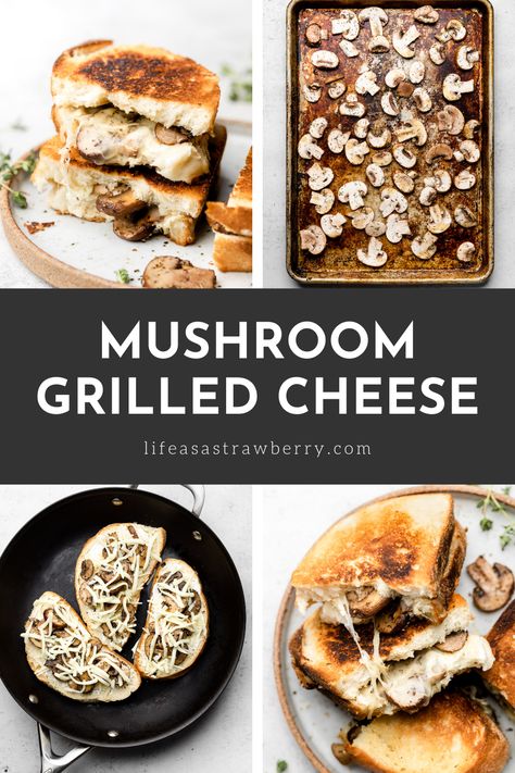 Goat Cheese and Mushroom Grilled Cheese | lifeasastrawberry.com | Step up your grilled cheese sandwich game with this simple, creative twist to an old classic! We’re using roasted portobello mushrooms, plus a trio of parmesan, mozzarella, and goat cheese (you could also mix it up with some brie!) Add some bacon, tomatoes, avocado, or spinach to make it even heartier. Delicious on sourdough with roasted tomato soup and a leafy green salad! Perfect for a quick and easy lunch or dinner. ... Mushroom Grilled Cheese, Mushroom Grilled, Roasted Portobello Mushrooms, Mushroom Sandwich, Dinner Vegetarian, Best Sandwich Recipes, Baked Mushrooms, Leafy Green Salads, Roasted Tomato Soup