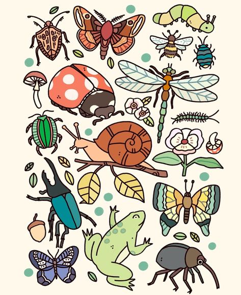 Forest Doodles, Botanical Posters, Bug Art, Little Doodles, Forest Floor, Bugs And Insects, Sketchbook Art Inspiration, Funky Art, Cute Doodles