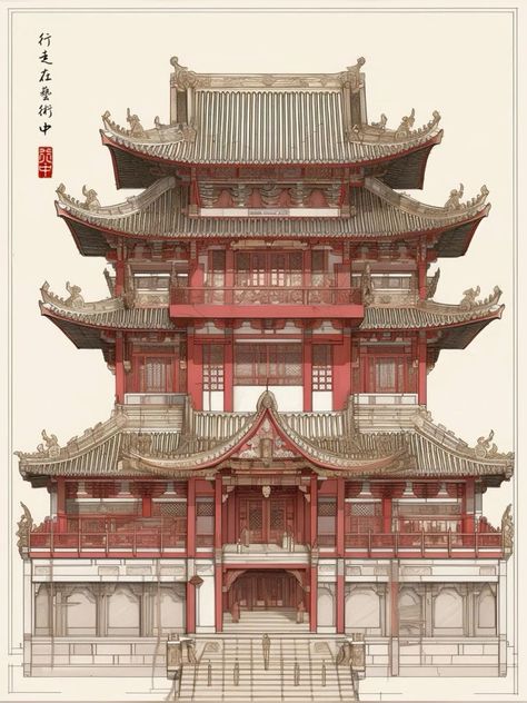 Japanese Fantasy Architecture, Chinese Temple Architecture, Asian Buildings Architecture, Chinese Traditional Building, Japanese Style Building, Japanese Architecture Drawings, Asian Palace, Tang Dynasty Architecture, Ancient Buildings Architecture