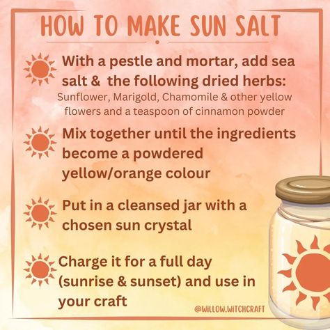 Willow Witchcraft (@willow.witchcraft) • Instagram photos and videos Sun Magick Witchcraft, Green Salt Witchcraft, How To Make Sun Water, Witchcraft Salt, Salt Magick, Sun Magick, Witch's Grimoire, Weather Magic, Solar Witch