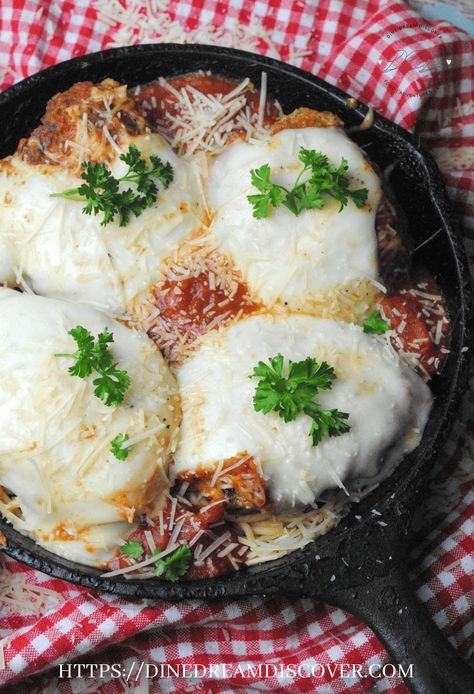 I have to say that the Skillet Chicken Parmesan recipe is one of the best cast iron skillet recipes that I make. Whether camping or at home, this is the perfect comfort meal. This post may contain affiliate links. See my disclosure policy for more info. Cast Iron Skillet Chicken Parmesan Recipe With the weather getting cooler, this ... Read More about Cast Iron Skillet Chicken Parmesan Recipe The post Cast Iron Skillet Chicken Parmesan Recipe appeared first on DINE DREAM DISCOVER. Cast Iron Chicken Parmesan, Chicken In Cast Iron Skillet In Oven, Easy Cast Iron Chicken Recipes, How To Cook Chicken In Cast Iron Skillet, Cast Iron Skillet Chicken Parmesan, Camping Pizza Cast Iron Skillet, Baked Chicken Marinara, Iron Skillet Chicken, Skillet Chicken Parmesan