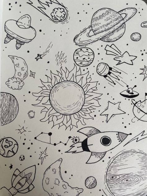 Universe Doodle Art, Stars And Planets Drawing, Drawing Planets Space Easy, Astroid Drawings, Planet Drawings, Planets Drawing, Art Ideas Drawing, Galaxy Drawing, Outer Space Drawing