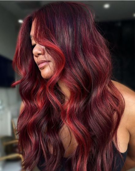 Fun Red Auburn Hair Idea Fire Red Balayage Hair, Red On Red Highlights, Red Long Hairstyles, Red Hair With Blue Underneath, Dyeing Curly Hair, 2 Tone Red Hair, Two Tone Red Hair Color Ideas, Red Hair With Lowlights Dark, Dark Red Hair Balayage