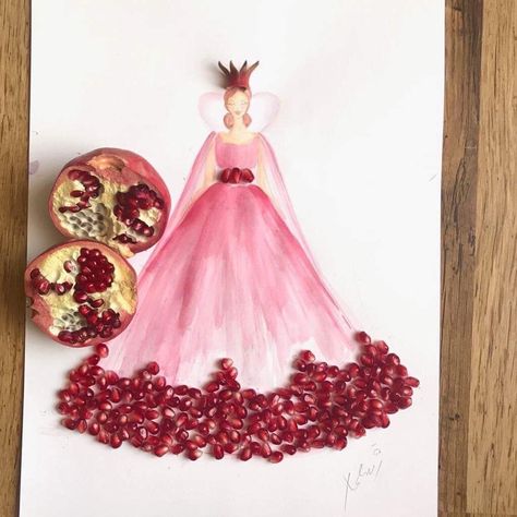 Pomegranate dress Pomegranate Inspired Fashion, Fruit Textiles, Pomegranate Fashion, Pomegranate Dress, Pomegranate Dressing, Pomegranate Art, Aquarius Art, Fashion Figure, Fashion Figure Drawing