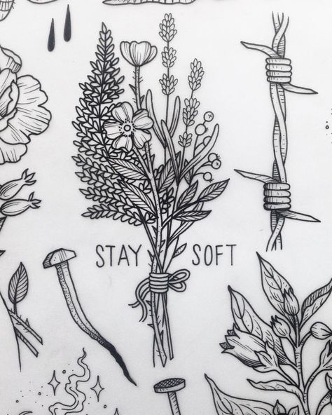 Filler Flowers Tattoo, Stay Soft Tattoo, Linework Flower Tattoo, Shelf Tattoo, 17 Tattoo, Soft Tattoo, Black Line Tattoo, Stay Soft, Flowers Botanical