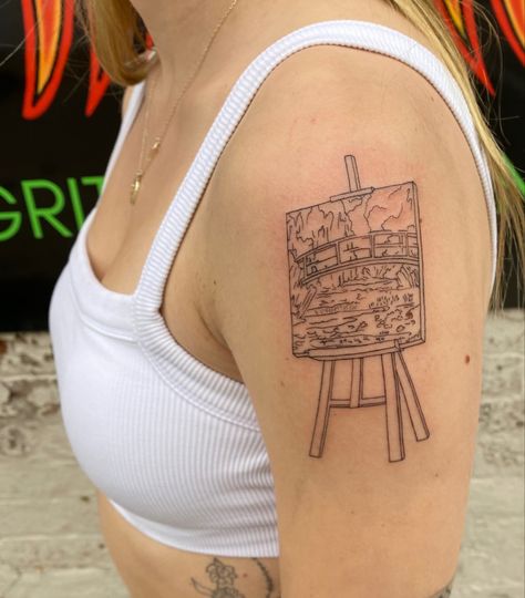 Monet Paintings Tattoo, Blank Easel Tattoo, Paintings As Tattoos, Artist Themed Tattoos, Easel Tattoo Ideas, Art History Tattoo Simple, Tattoo Of Painting, Claude Monet Tattoo Black And White, Art Easel Tattoo