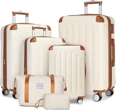 【Expandable Luggage Sets】6 piece luggage set includes 18"/20" carry on luggage, 24", and 28" hard-shell suitcases, a weekender travel bag and a toiletry bag. Expansion zipper that adds 25% more space (only for 20/24/28 inch and duffel bag). 【Top Quality Suitcase Set】Crafted from lightweight yet extremely durable ABS materials. Our luggage seamlessly blends classic elegance with modern features, while the addition of 2 round corner protectors safeguards your belongi Luxury Luggage Sets, Luxury Luggage, Stylish Luggage, Weekend Travel Bags, Toddler Backpack, Suitcase Set, Aqua Shoes, Suitcase Traveling, Luggage Sets