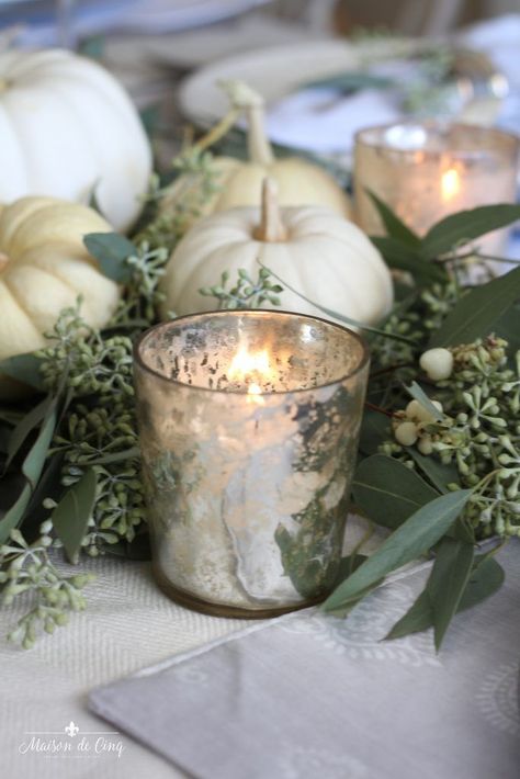 Neutral Fall Table with White Pumpkins and Eucalyptus---> #maisondecinq #tablescape #falltable #falltablescape #falltablesetting #tablesetting #thanksgivingtable #thanksgivingtablesetting #thanksgivingtablescape #tablesettingideas #fallentertaining #thanksgivingideas #whitepumpkins White Pumpkins And Eucalyptus, Eucalyptus And Pumpkin Centerpiece, White Pumpkins Wedding, Pumpkin Centerpieces Wedding, White Pumpkin Centerpieces, Pumpkin Table Decorations, Winter Tablescapes, Fall Dinner Party, Pumpkin Wedding