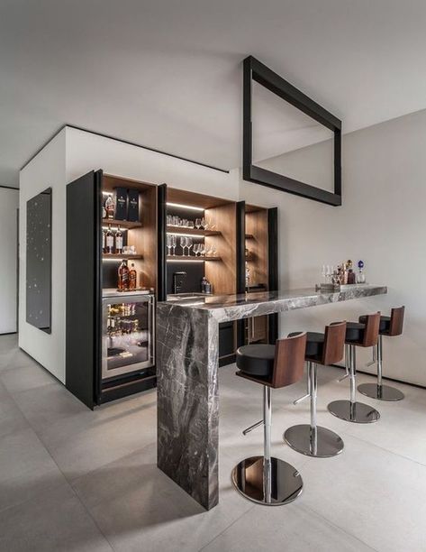 36 Worthy Home Bar Design Ideas for a Cozy Night Gathering ~ Matchness.com Contemporary Home Bar Designs, Modern Home Bar Designs, Home Bar Rooms, Modern Home Bar, Kursi Bar, Home Bar Design, Diy Home Bar, Interior Design Per La Casa, Bar Interior Design