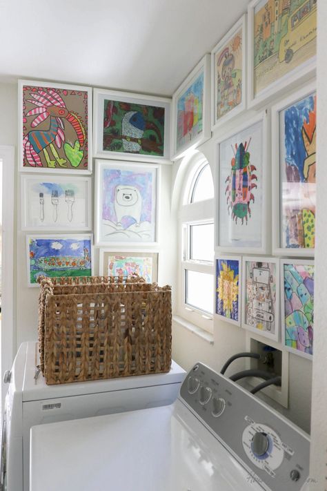 Framing Kids Artwork Wall, Laundry Wall Design, Mudroom Artwork Ideas, Colorful Laundry Room Ideas Modern, Laundry Room Design Colorful, Gallery Wall Ideas White Frames, Framed Kids Artwork, Eccentric Laundry Room, Artsy Laundry Room