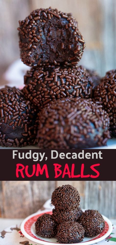 These rum balls are SO much better than the dried out ones that use nuts! These are so decadent they are like chocolate rum truffles! Nut free and chocolate cake based! #rumballs #christmas #chocolate Christmas Favorites Recipes, Rum Truffle Balls, Rum Chocolate Truffles, Cake Mix Rum Balls, Christmas Baking Chocolate, Rum Truffles Recipe, Rumballs Recipe Easy Rum Balls, Dainties Recipes, Rumballs Christmas