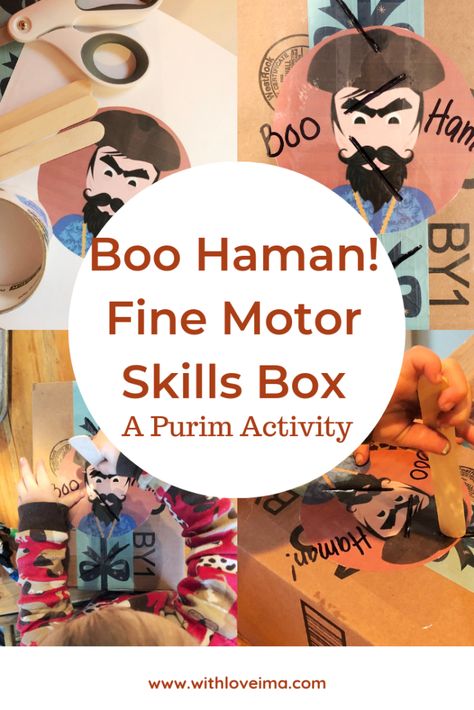 A Purim Activity: Boo Haman Fine Motor Skills Box | Simple and fun activity that encourages your toddler to practice fine motor skills with a Jewish spin! from With Love, Ima Purim For Toddlers, Purim Toddler Activities, Preschool Purim Activities, Purim Activities For Toddlers, Purim Activities Preschool, Jewish Crafts For Kids, Purim Crafts Preschool, Purim Activities, Purim Decorations