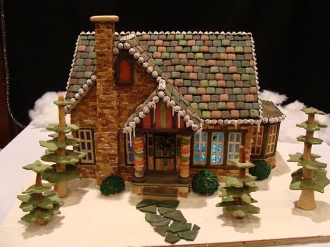 22 Amazingly Detailed Gingerbread Houses -Beau-coup Blog Edible Trees Gingerbread Houses, Gingerbread House Cottage, Unique Gingerbread House Ideas, Gingerbread Cabin, Chocolate Nonpareils, Unique Gingerbread House, Gingerbread House Template Printable, Slate Walkway, Homemade Gingerbread House