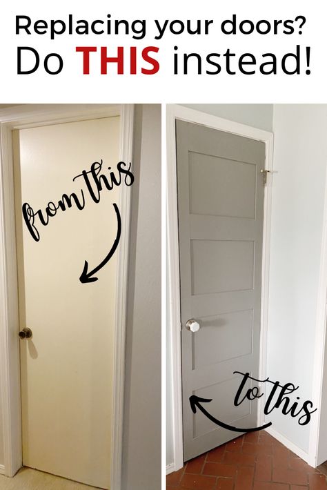 Give your flat door a panel door makeover for under $20! Update your interior doors on a dime with this hack and save tons of money, not to mention a huge headache from having to fit new doors into a home that has settled. #diy #farmhouse #doors How To Make Cheap Doors Look Better, Transform Flat Panel Doors, Fake Door Panels, Faux Door Panels, Making Plain Doors Look Better, Hallway Door Makeover, Update Indoor Doors, Decorate Plain Door, Wood Door Update