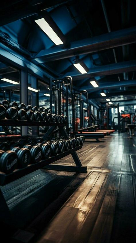 The gym features rows of dumbbells, offering a wide range of weights Vertical Mobile Wallpaper AI Generated Fitness Design Poster, Gym Workouts Wallpaper, Gym Offer Poster Design, Gym Background Wallpapers, Gym Wallpaper Backgrounds, Bodybuilder Wallpaper, Workout Background, Gym Wallpapers, Karate Picture